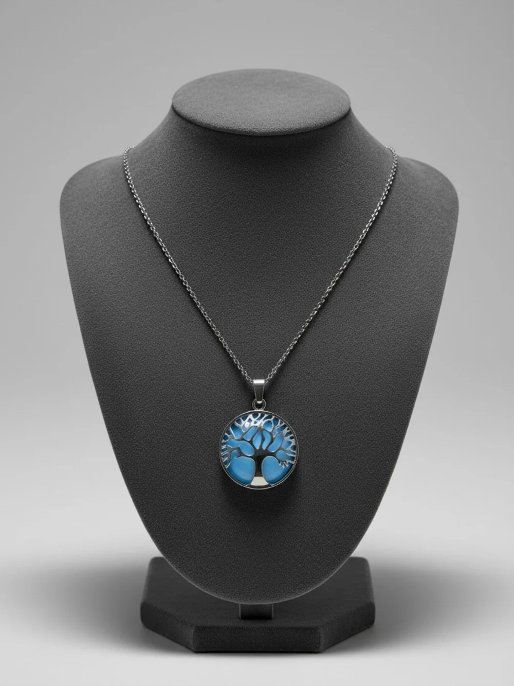 Blue Tree of Life Enamel Pendant Necklace - Silver Tone
